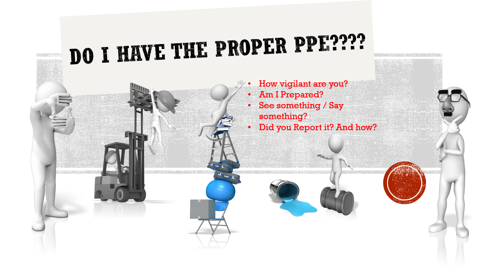 3D figures demonstrate unsafe work practices on a monochrome slide with text questioning proper PPE usage and promoting safety vigilance for a webinar.